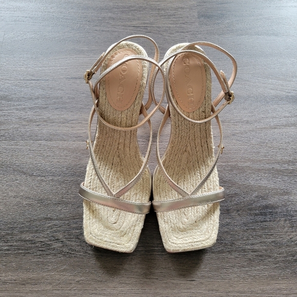 Coach Gold Platinum Champagne Kaia Espadrille Open Toe Heels NWOB Size 8 - Picture 5 of 12